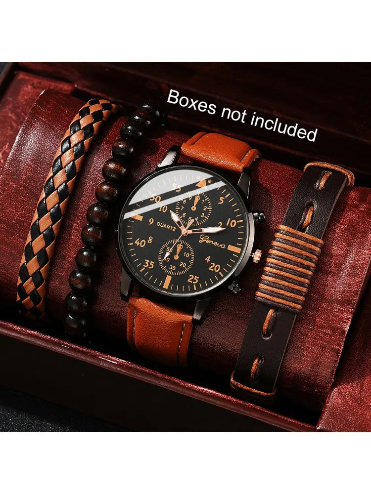 1pcs men's watch high-end Hong Kong style fashion watch quartz watch paired with 3pcs versatile and personalized bracelet set Qme Brown