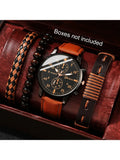 1pcs men's watch high-end Hong Kong style fashion watch quartz watch paired with 3pcs versatile and personalized bracelet set Qme Brown
