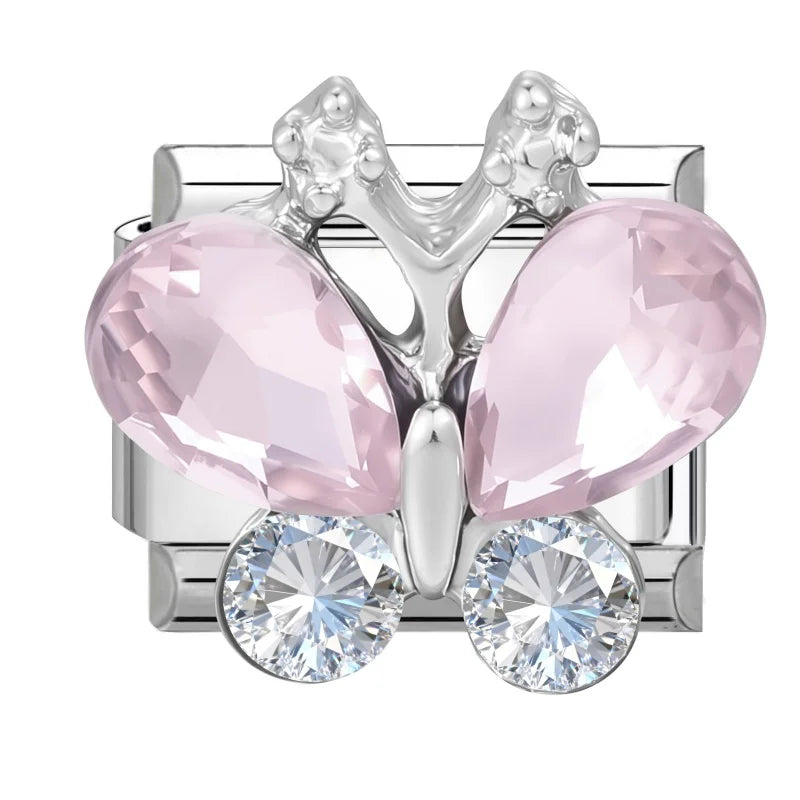 Zircon Bow Knot Blue Flowers Pink Heart Purple Butterfly Italian Charm Links Fit 9mm Bracelet Stainless Steel DIY Making Gifts Qme Style 22
