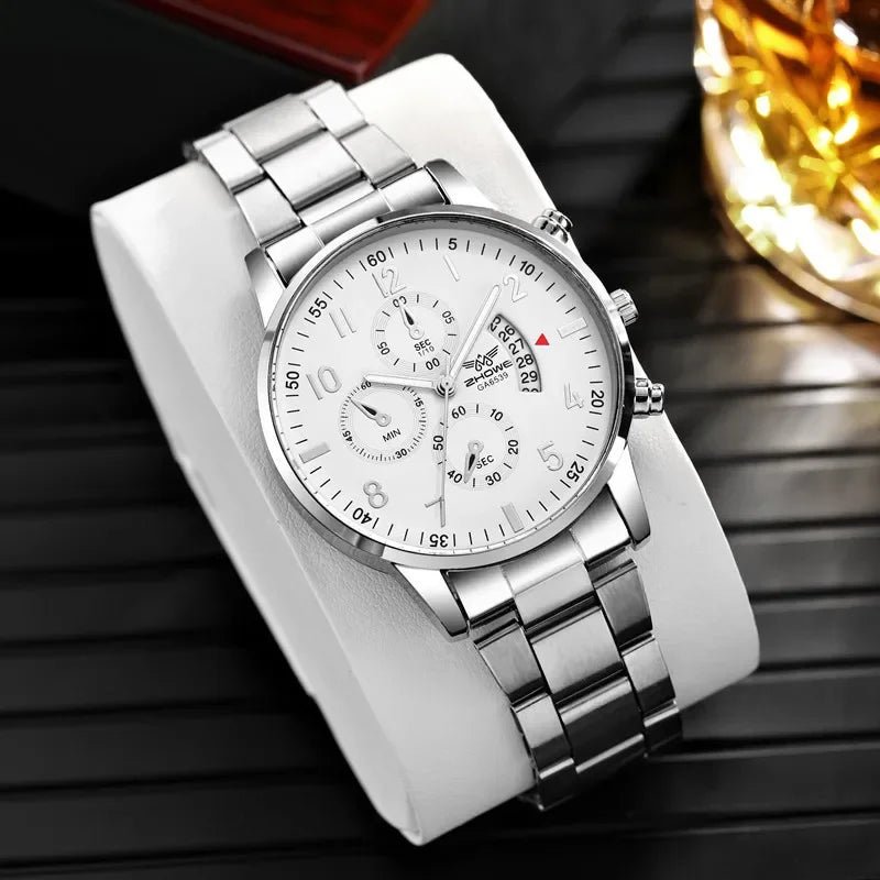 Relógios de negócios masculinos moda banda de aço relógio de quartzo masculino calendário relógio reloj hombre Qme white