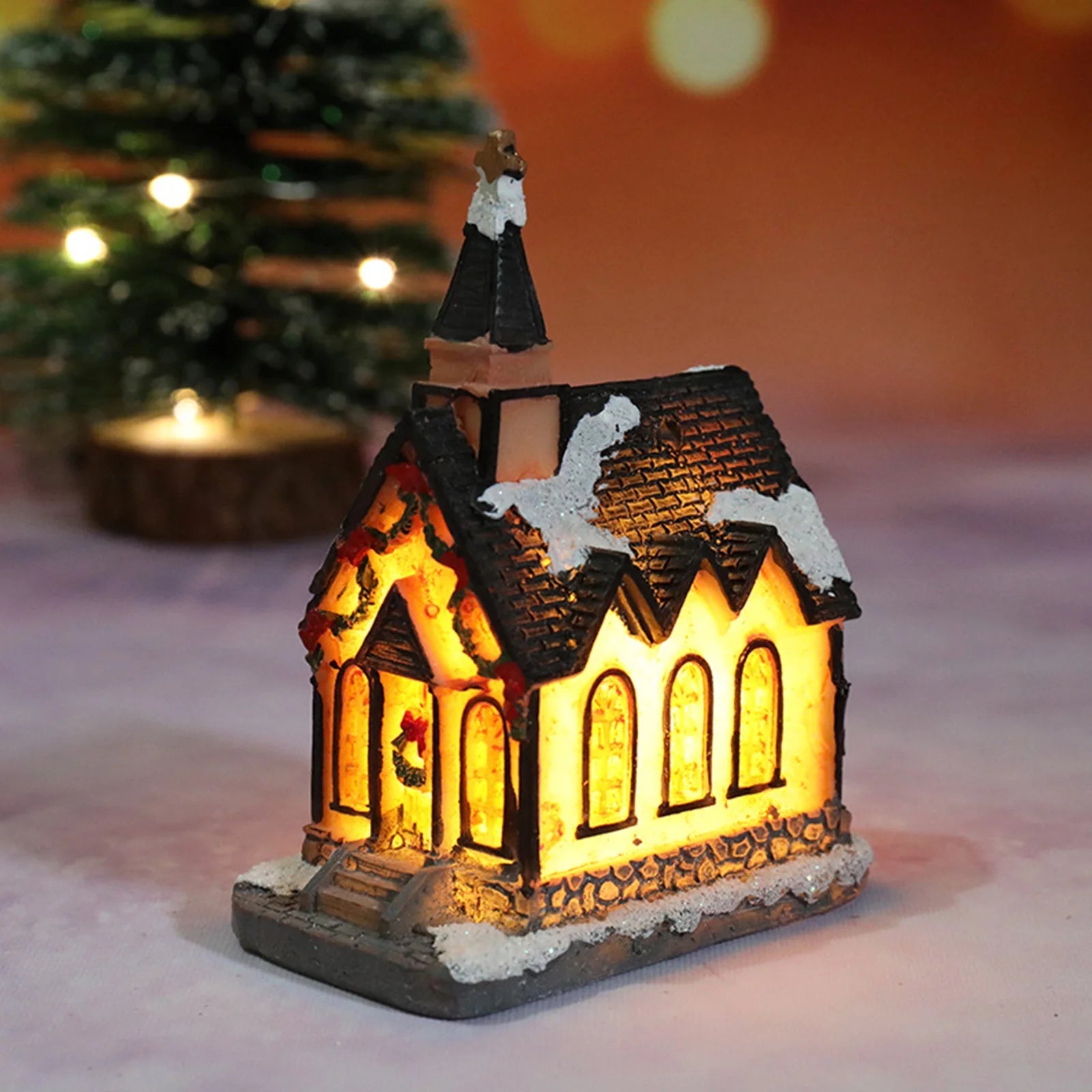 Christmas Village Houses Set Battery Operated Resin Christmas House with LED Light Village Figurines For Tabletop Holiday Decor Qme
