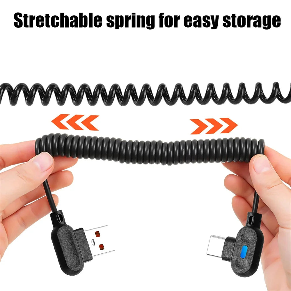 USB Type-C 90° Angle Elbow Fast Charging Spring Data Cable Spiral Coiled Retractable Data Cord Quick Charge For Huawei Samsung Qme