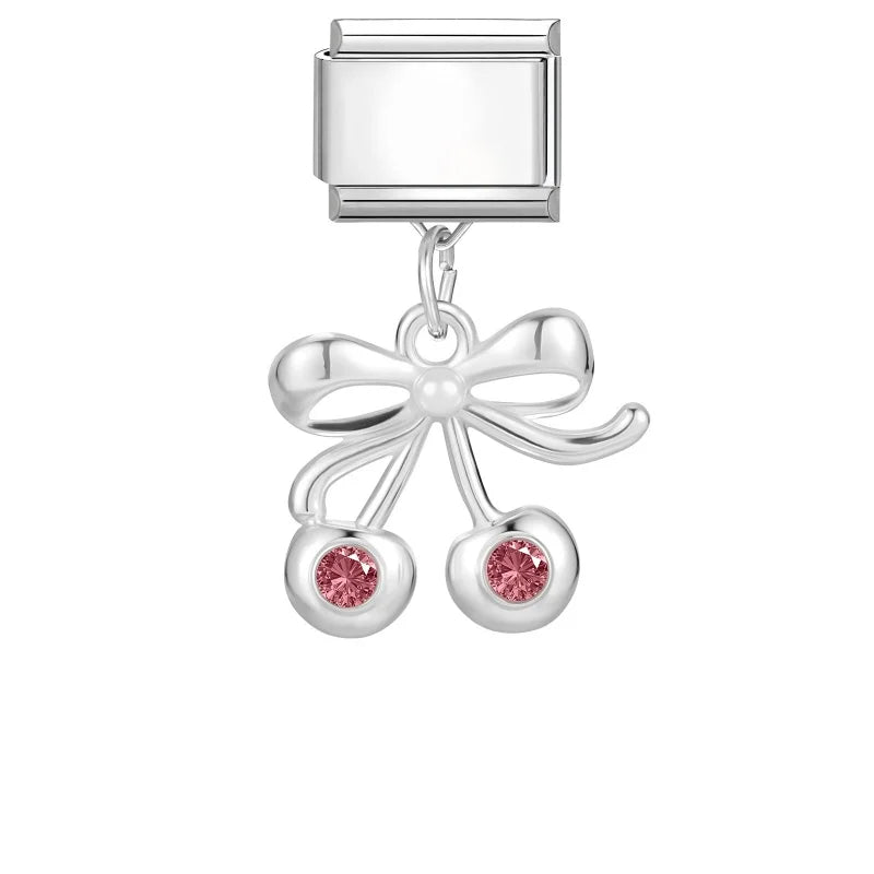 Shiny Colorful Zircon Pendant Series Red Cherry Bow Italian Charm Link Fit 9mm Stainless Steel Bracelet Women Jewelry DIY Making Qme Style 2
