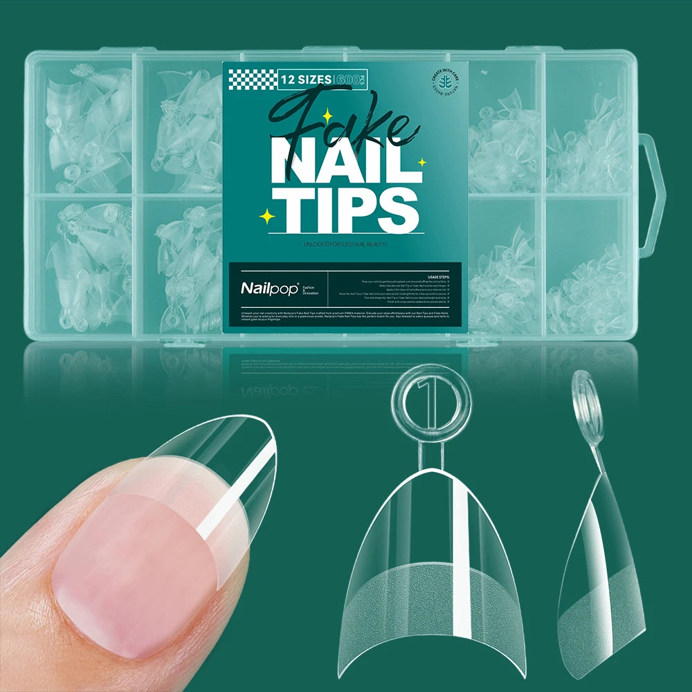 Nailpop False Nails 10 12 Sizes Full Cover Tips Clear Durable Qme XXS-HC-Almond-600