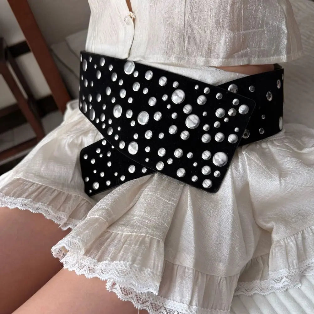 PU Leather Rivets Extra Wide Belt Y2K Exaggerated Studded Wide Waistband Punk Versatile Irregular Decorative Belt Concert Qme