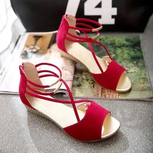 Women Wedge Sandals Summer New Luxury Red Beige Open Toe Casual Shoes Rhinestone Comfortable Platform Sandalias Roman Style Qme RD 36