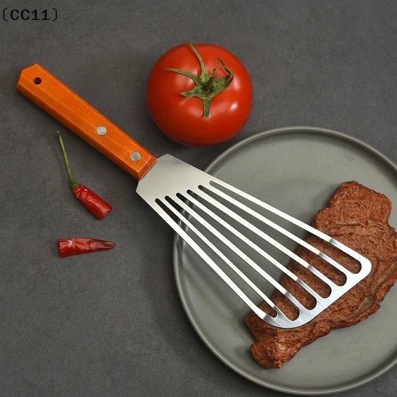 Stainless Steel Fish Frying Shovel Wooden Handle Fan-shaped Household Qme