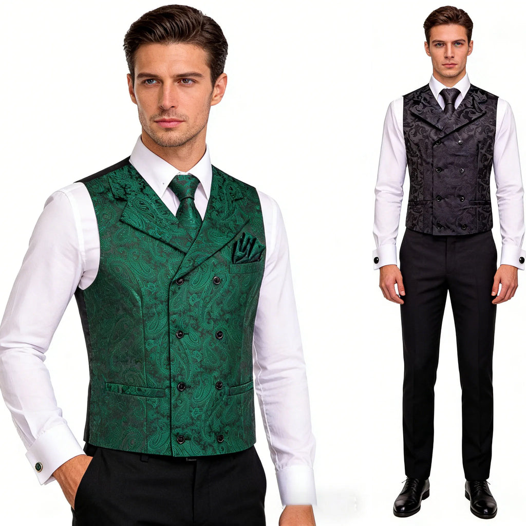 Mens Black Green Suit Vest Tie Hanky Cufflinks Set Jacquard Floral Paisley Waistcoat Necktie for Male Wedding Busniess Qme