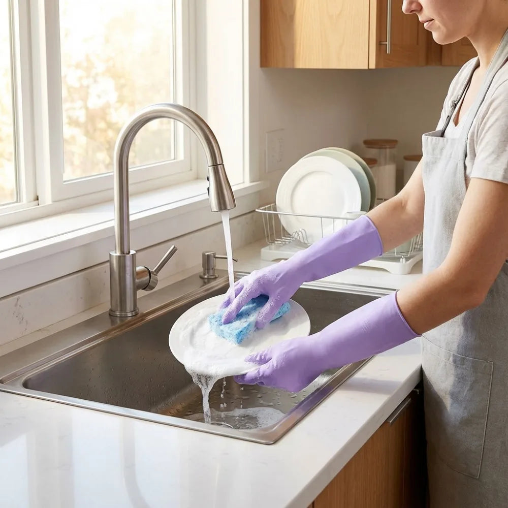 Reusable Rubber Cleaning Gloves, Waterproof Dishwashing Gloves, Non-Slip Household Kitchen Gloves for Washing Dishes, Gardening Qme