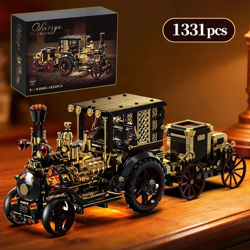 Diy Vintage Mechanical Steam Car Building Blocks Model City Retro Steam Punk Vehicle Desktop Decoration Bricks Toys Adults Gifts Qme