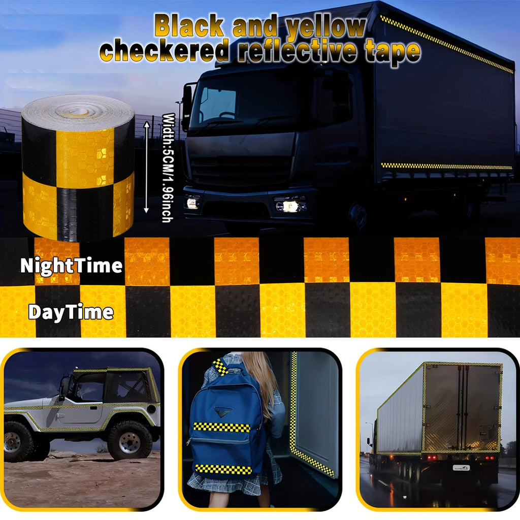 Reflective Sticker Square Grid Checkered Pattern Reflector Tape Red Yellow Fluorescent White Reflect Film For Truck Car Road Qme Black and yellow 5m 5cm
