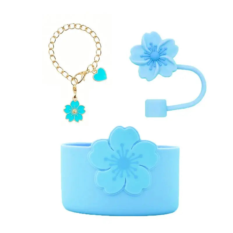Tumbler Straw Cover Water Bottle Silicone Boot Charm Begonia Shape Qme 3PCS Blue