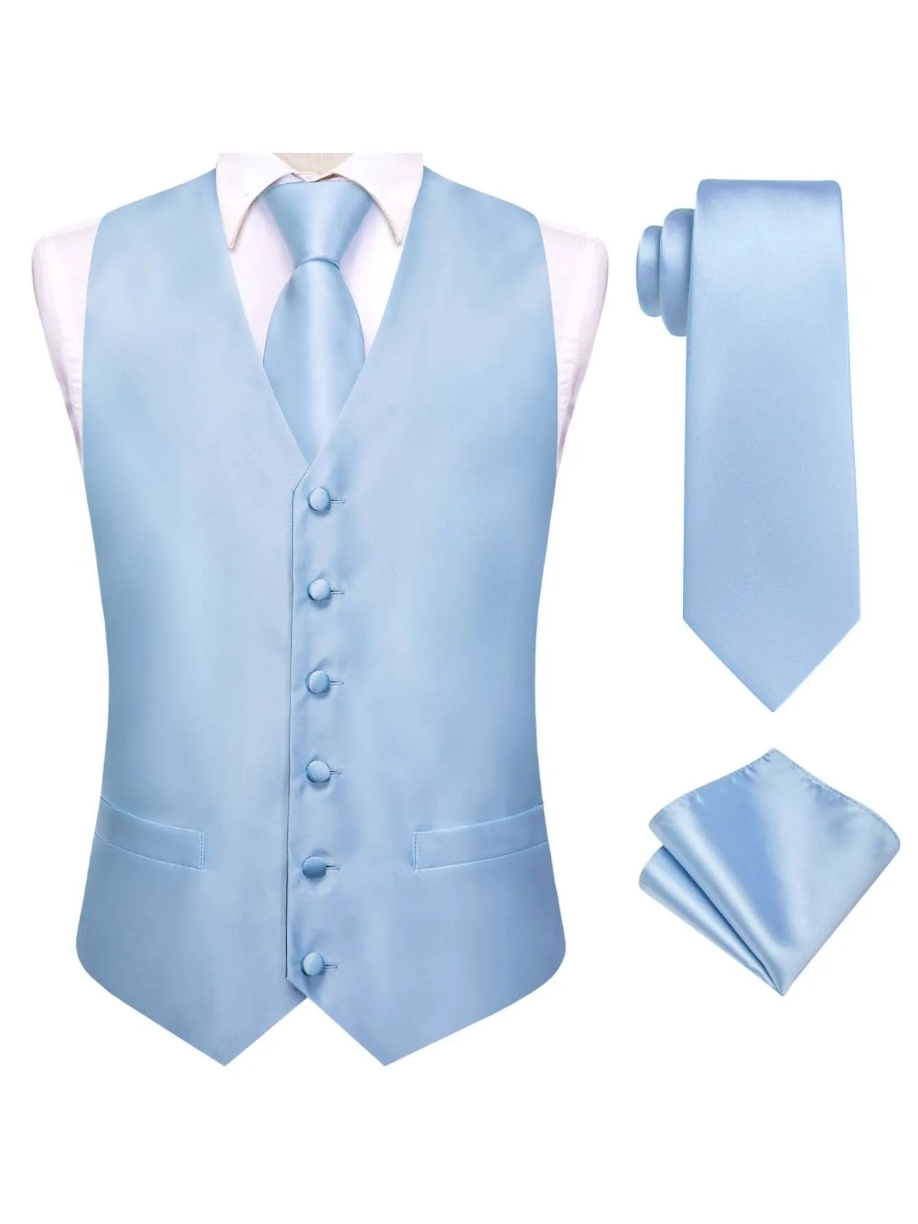 Blue Men Vest Three-Piece Suit Set, Dress Waistcoat with Tie and Pocket Square for Party Ceremony Qme MJ-3230 XL