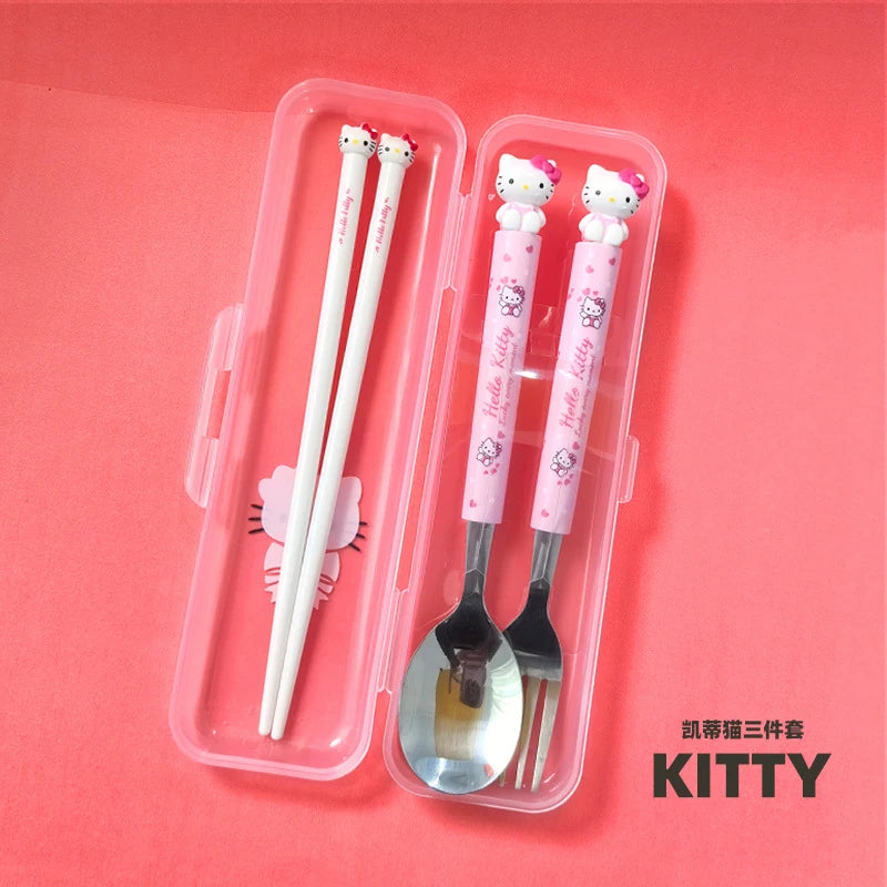 Hello Kitty Kuromi Cartoon Children's Tableware Spoon Portable Two-Piece Set for Students Stainless Steel Fork and Spoon Set Qme
