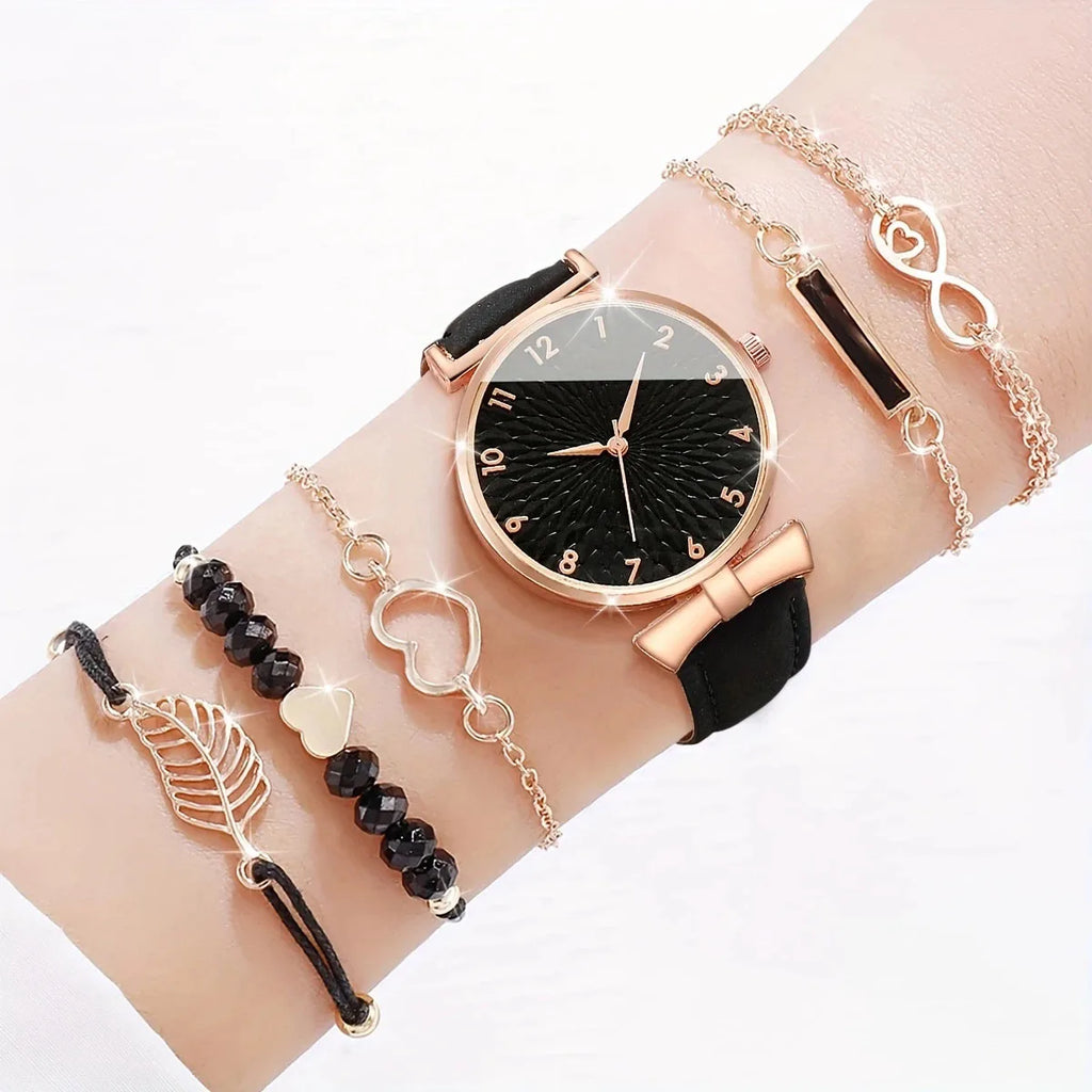 New Black Rose Gold Women's Watch Set with Belt Quartz Watch and Bracelet Six Piece Set (Box Not Included) Qme