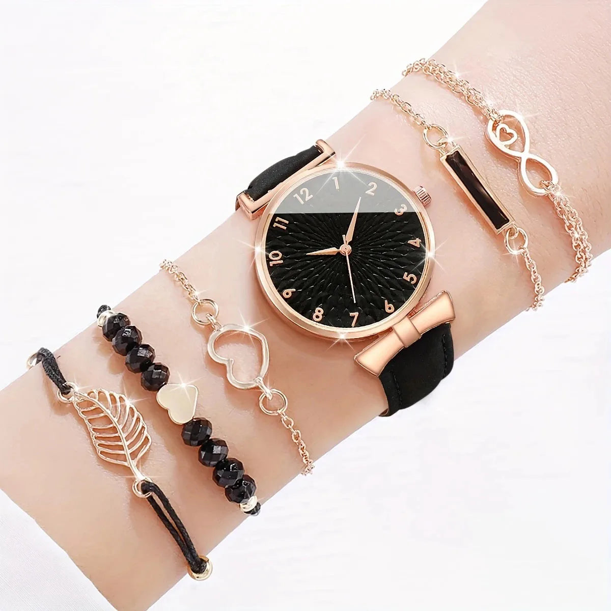New Black Rose Gold Women's Watch Set with Belt Quartz Watch and Bracelet Six Piece Set (Box Not Included) Qme