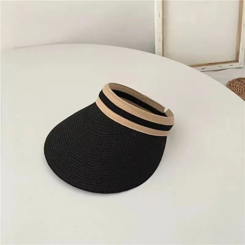Womens Straw Sun Hat Wide Brim UV Protection Summer Beach Visor Qme Black One Size