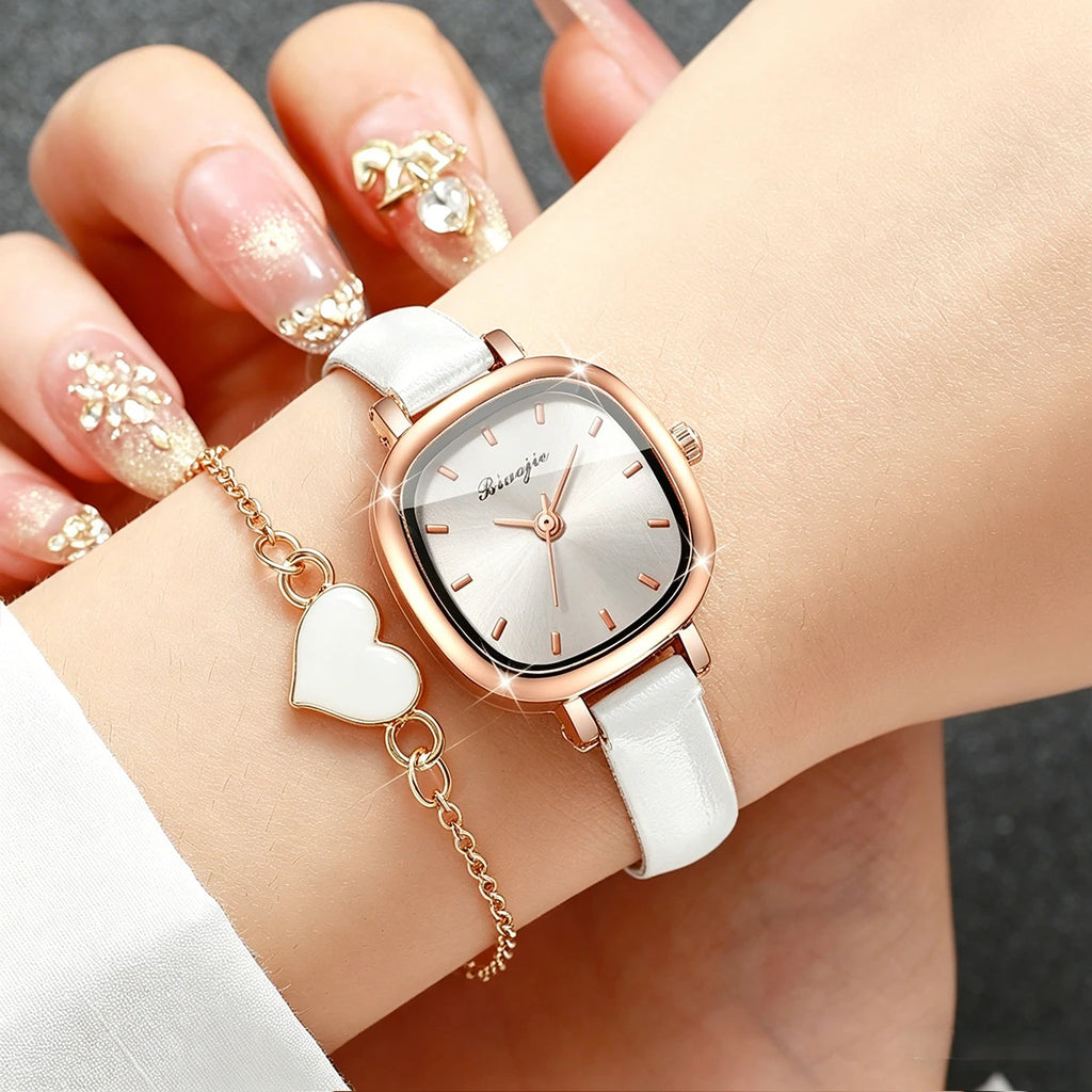 Women's Rose Gold Watch and Jewelry Combo Set, White Dial Watch + White Heart Bracelet + Necklace + Earrings, Perfect Gift Qme