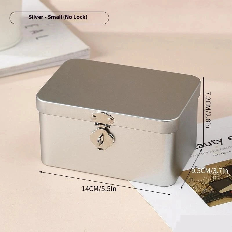 Silver Lockable Tin Storage Box Multifunctional Desktop Metal Jewelry Qme A1