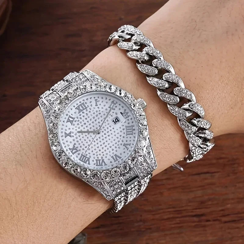 2pcs/set, Rhinestone Studded Calendar Ladies Quartz Watch And 1pc Rhinestone Jewelry Set Qme