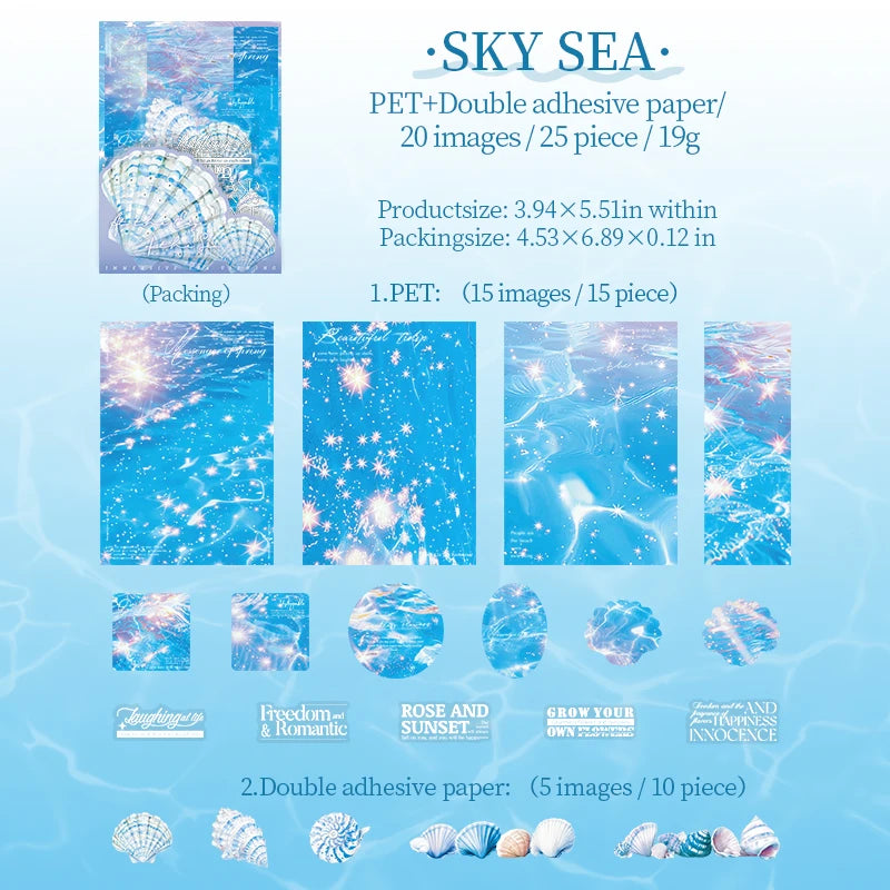 25 Sheets Blue Ocean Theme Dual Texture Sticker Pack for Scrapbook DIY Photo Frame Collage Journal Decoration Qme 1