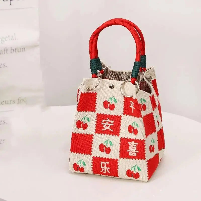 Mini Knitted Bucket Bag Women Small Handbag Geometric Colorblock Wristlet Purse With Detachable Handle 1PC Qme style 5