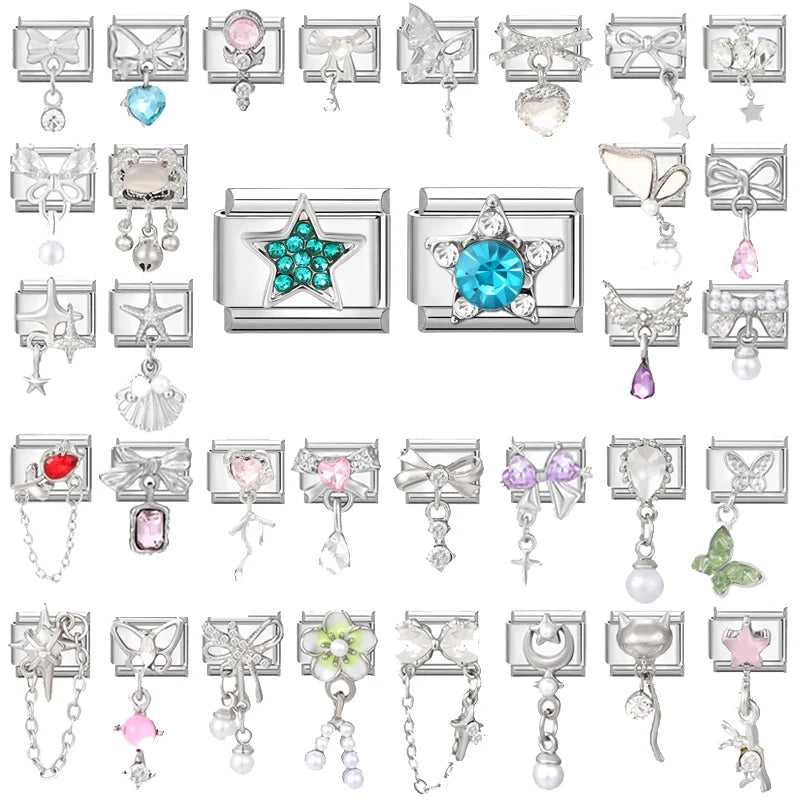 Y2k Italian Charm Silver Color Bracelet Series Blue Stars Zircon Bowknot Pearl Heart Hand Making DIY Chain Shiny Pendant Jewelry Qme