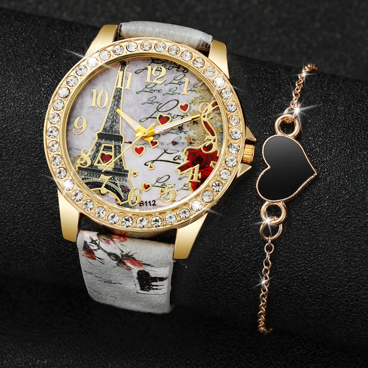 Relógio de couro PU Torre Eiffel Quartz, pulseira em forma de coração, relógio de moda, caixa não incluída, 2 peças por conjunto Qme