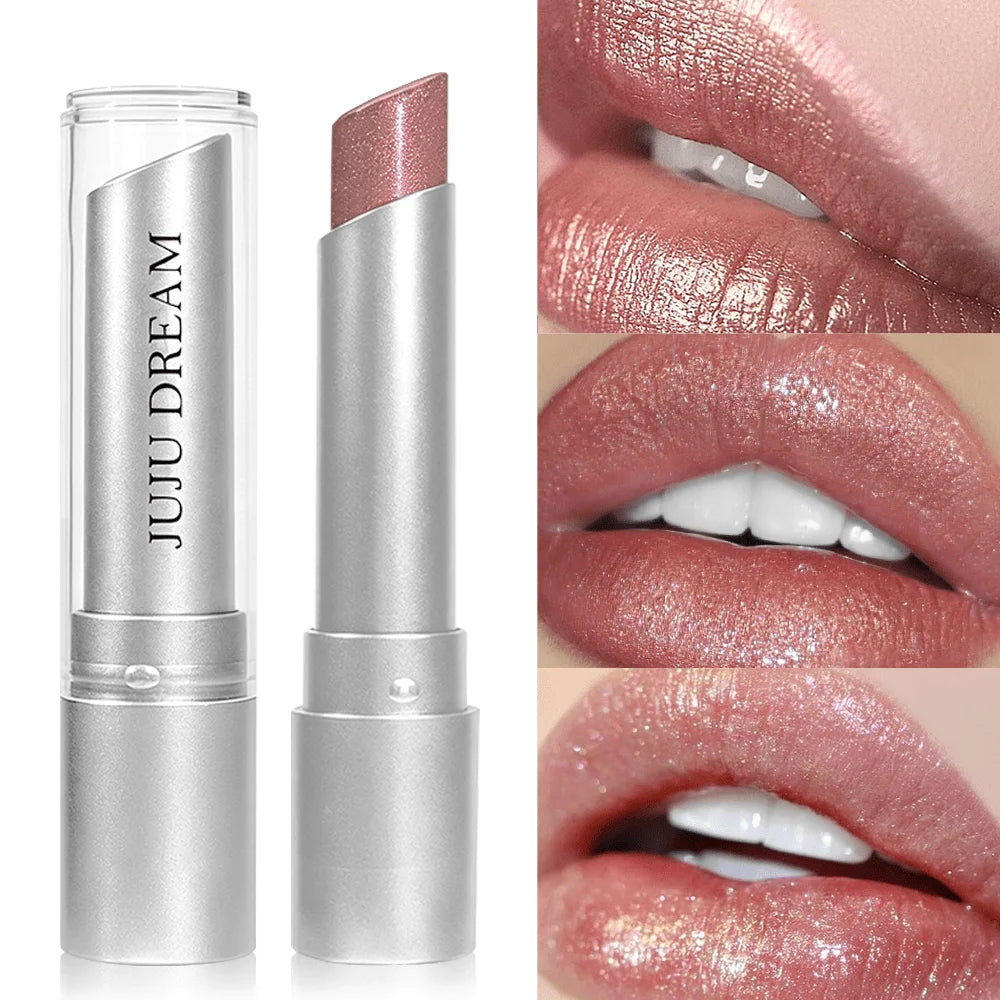JUJU DREAM Silver Tube Shimmer Peach Lipstick Pearlescent Hydrating Qme 02