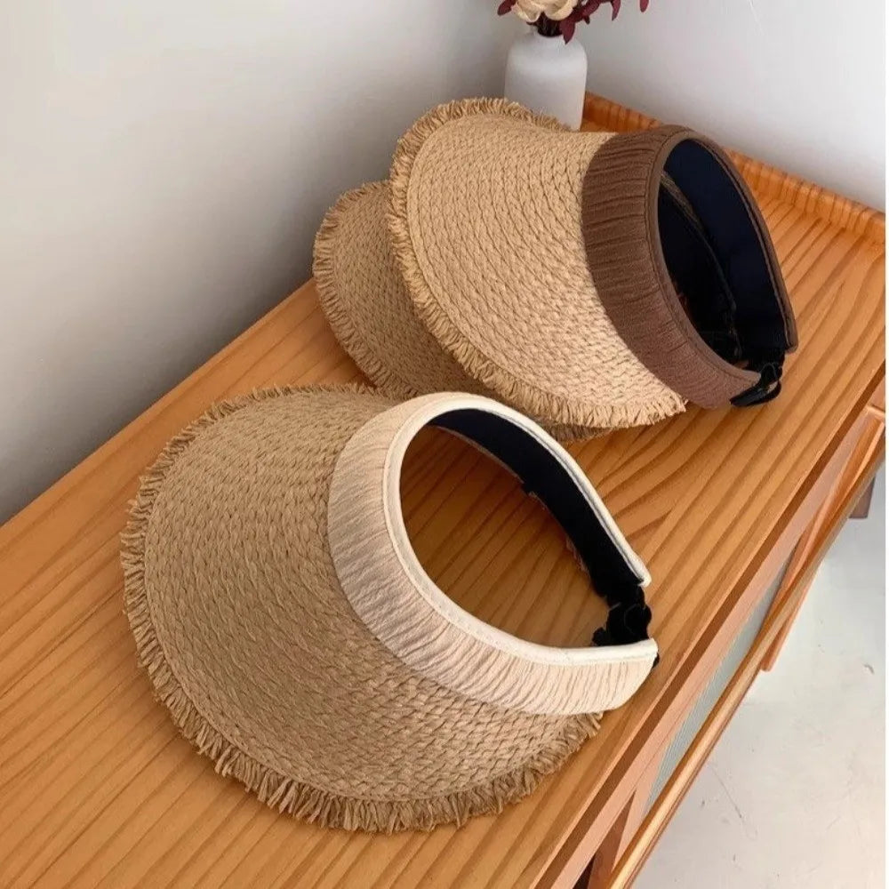 Fashion Woven Straw Visor Cap Sunscreen Hollow Empty Hat Big Head Qme