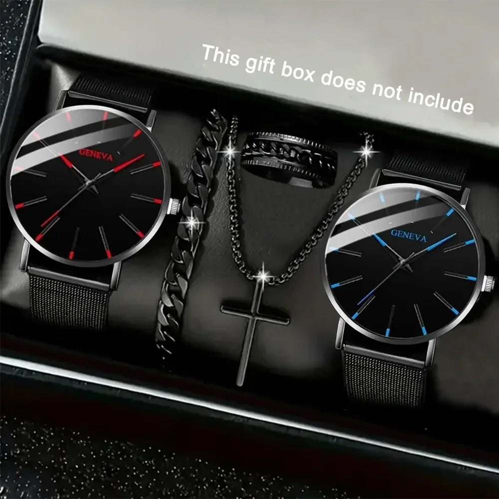 5pcs/set Fashion Men's Quartz Watch Set Classic Pointer Design Alloy Mesh Strap Watch Necklace Bracelet Ring Ideal Gift for Men Qme