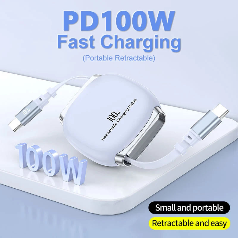USB C 100W Fast Charging Retractable Cable Type C Mobile Phone Charge Wire Car Kit Portable PD 1M Charge Line For iPhone Realme Qme