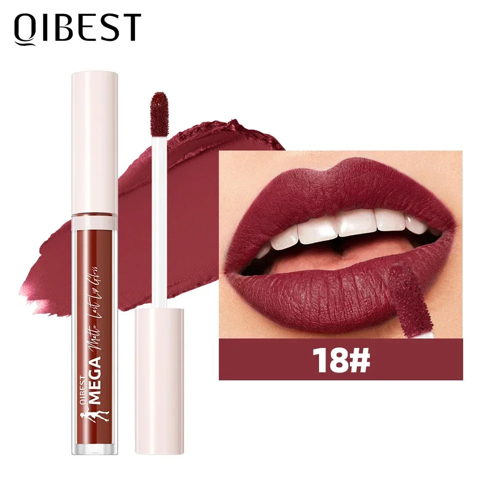 QIBEST New 24 Colors Matte Liquid Lipstick Long lasting Nude Brown Purple Lip tint Non-Stick Sexy Red Lipgloss Waterproof Makeup Qme 18