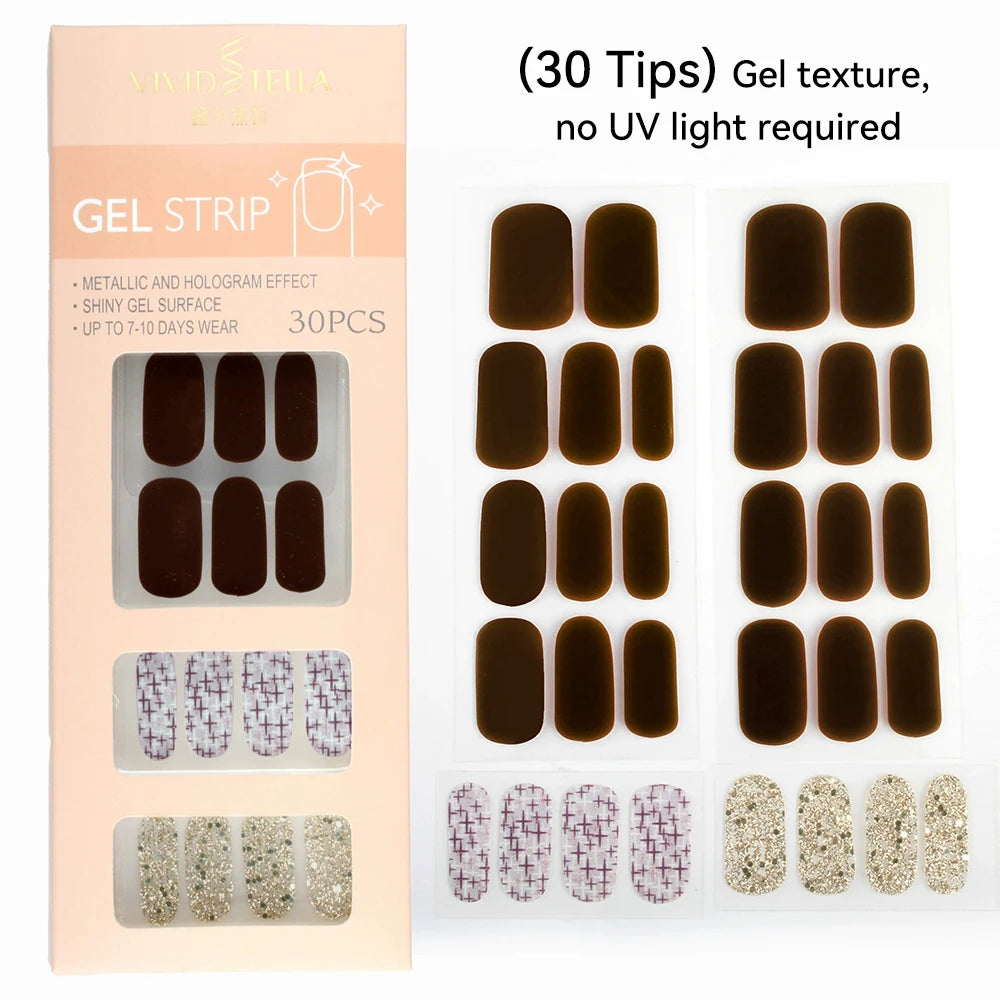 30 34Tips UV-Free Gel Nail Wraps Solid Glitter Stickers No Need UV Qme MK-30Z-DS38010