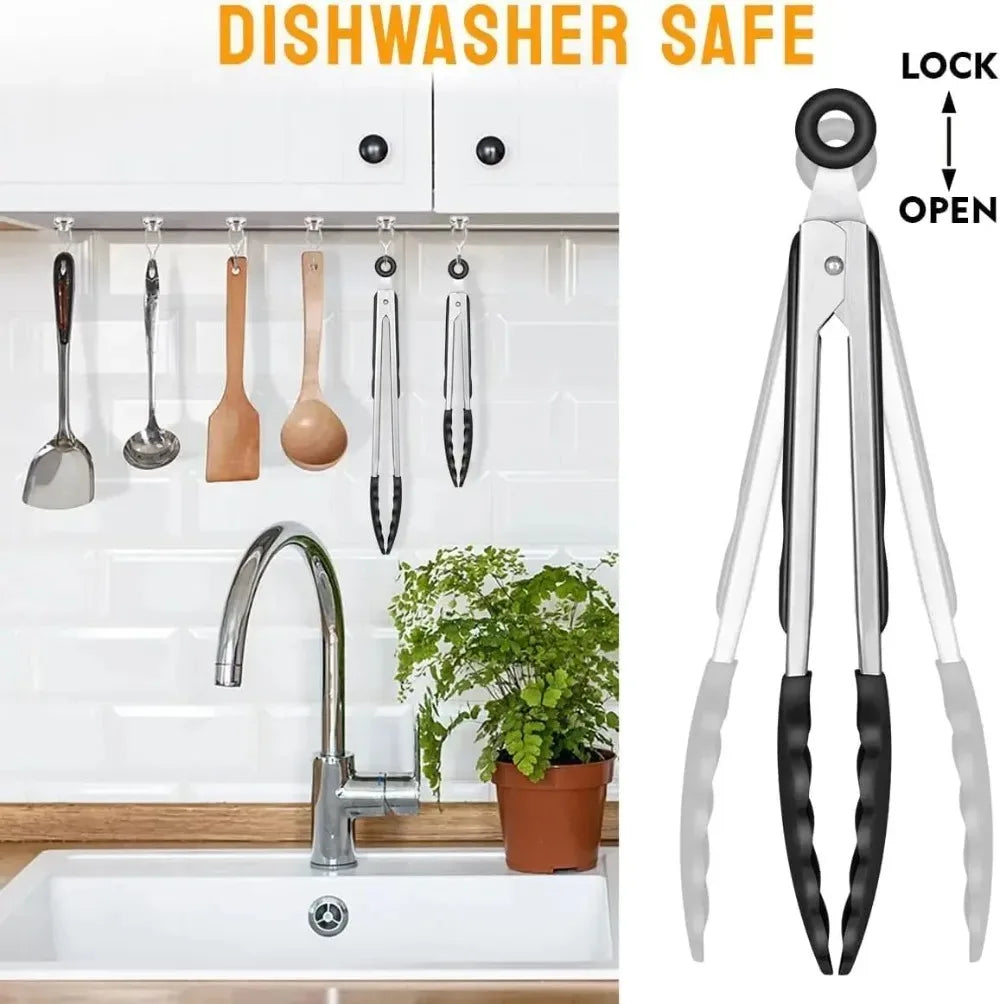 Multi-Size Lock Kitchen Tongs 7/9/12Inch Silicone Tip Heat Resistant Barbecue Gadget for Home Cooking Outdoor BBQ Use Qme