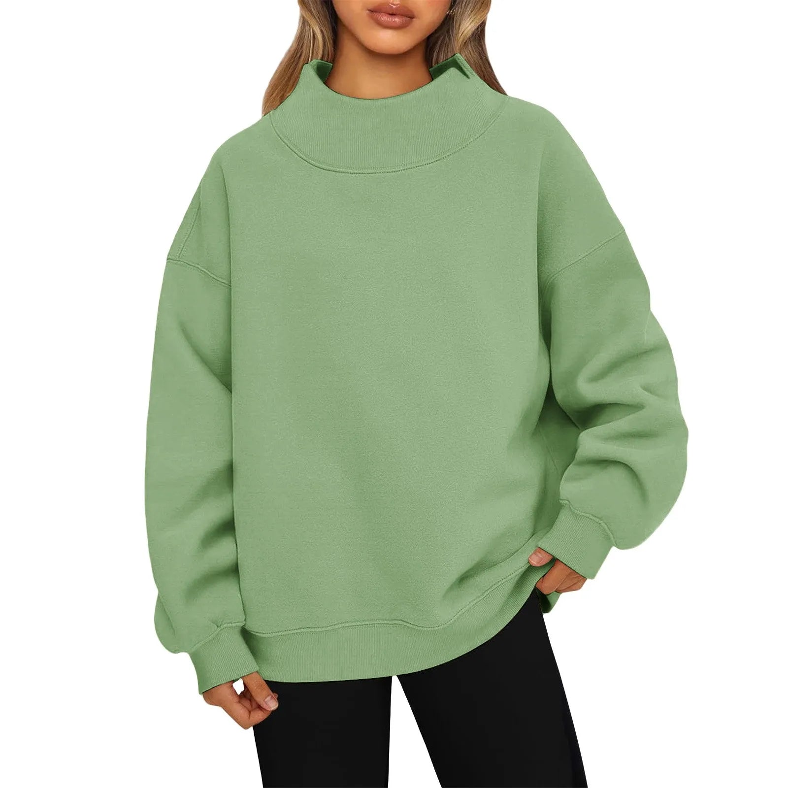 Fashionable Loose High Neck Long Sleeved Solid Color Hoodie for Lady Lazy Style Basic Casual Commuted Pullover Top Qme Green XXL