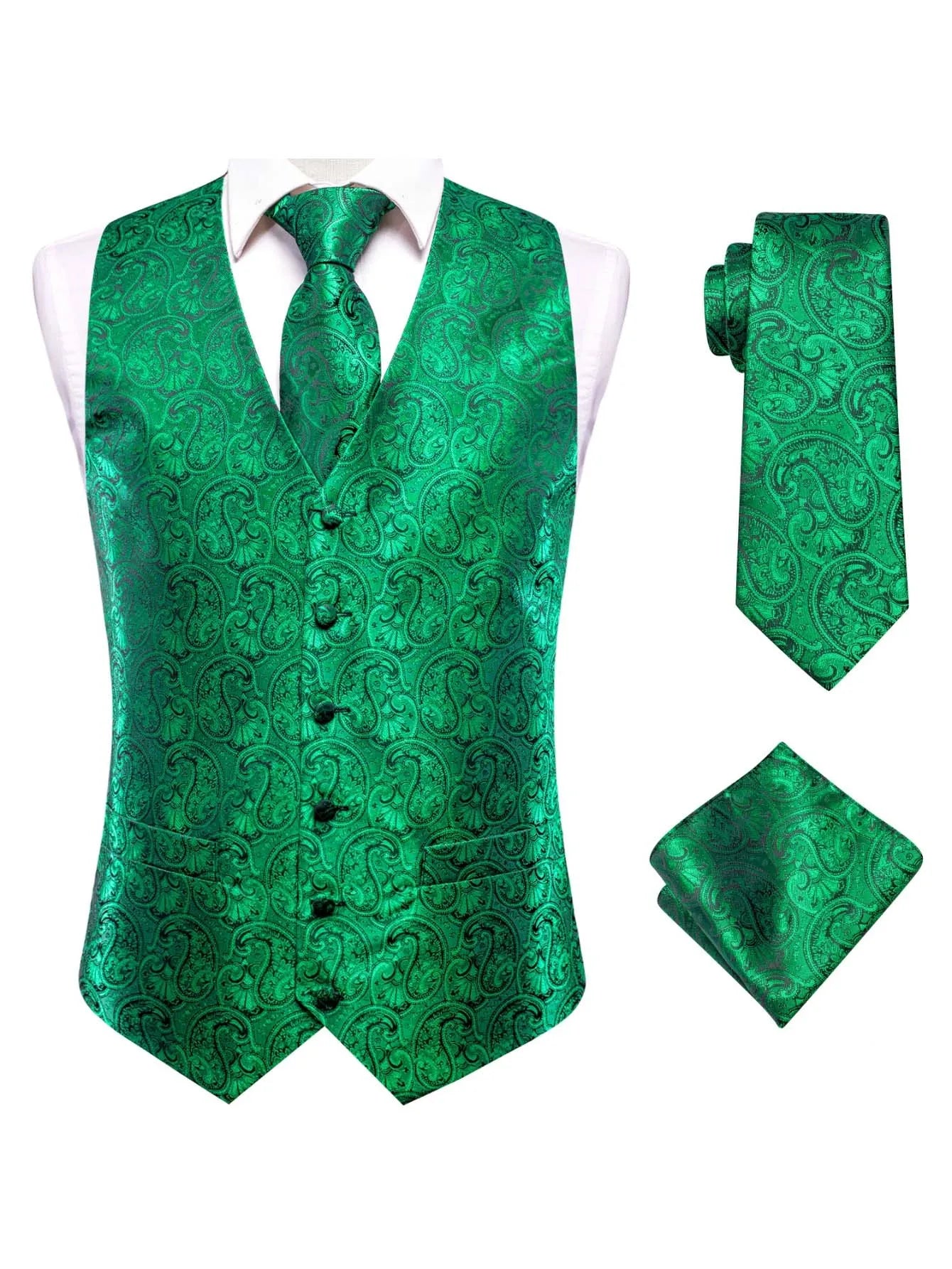 Green Men Vest Three-piece Suit Dress Waistcoat Tie Pocket Square Qme MJ-3050 XXXL