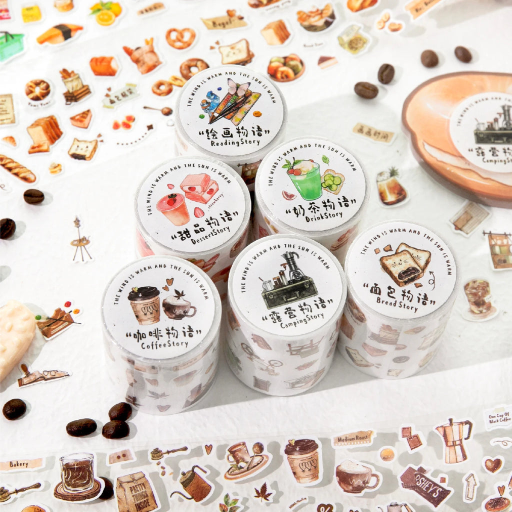1 Roll Cute Cartoon Food Camping Glitter Die-Cut Tape for DIY Scrapbook Frame Collage Laptop Phone Mug Luggage Guitar Decoration Qme
