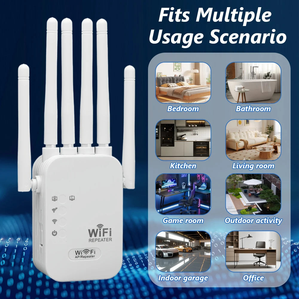 Dual Band Wireless WiFi Signal Extender 300/1200Mbps 2.4G/5G Wireless Repeater with 6 Antennas EU/US Plug Home Network Booster Qme