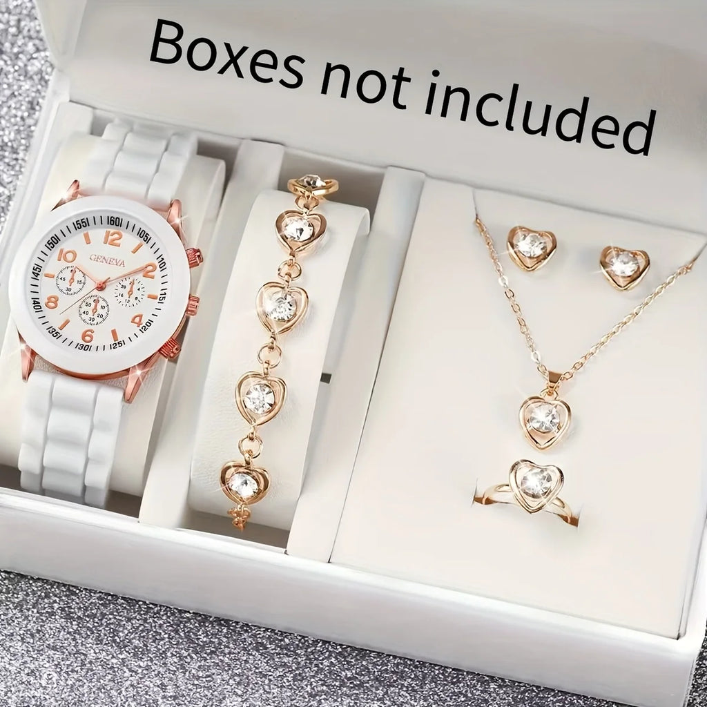 5Pcs Heart Crystal Watch Jewelry Set Women Geneva White Silicone Chronograph Quartz Wristwatch Matching Heart Jewelry Gift Qme