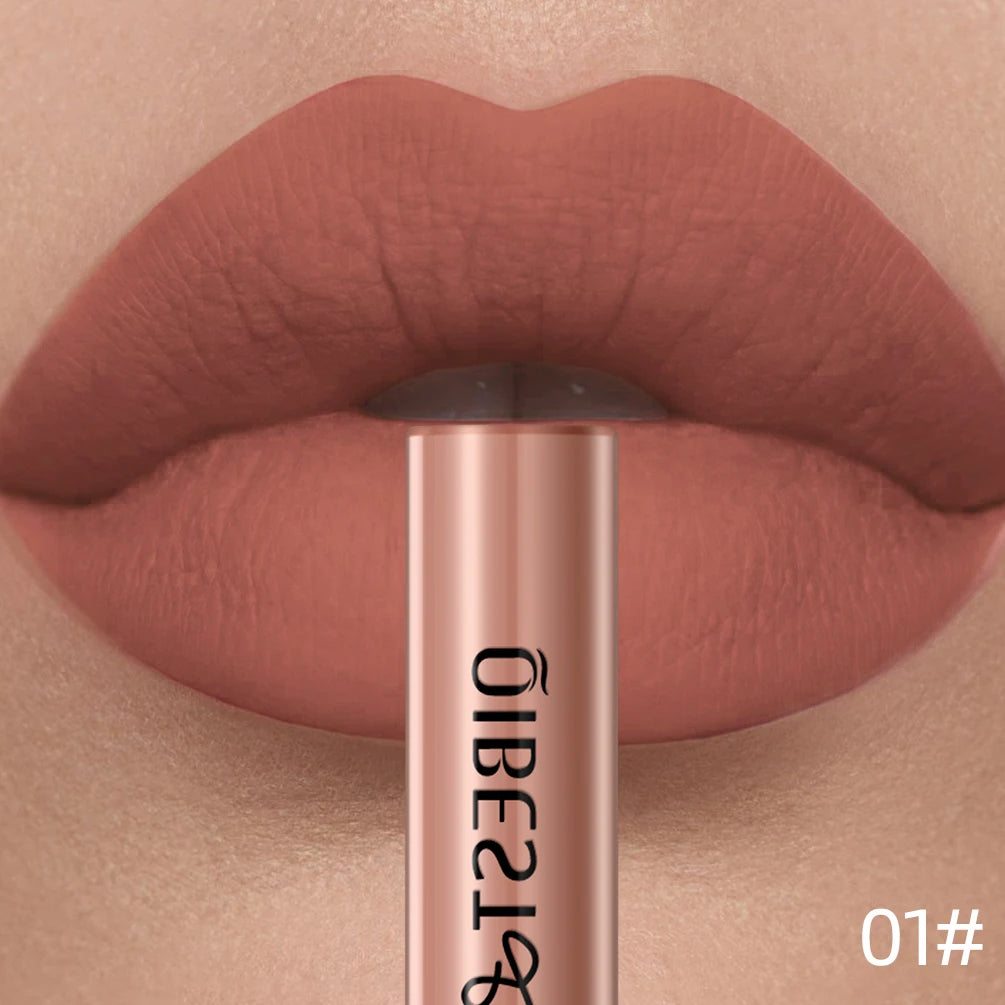 QIBEST Matte Liquid Lipstick Waterproof Long Lasting Velvet Lip Gloss Tint Tube Matte Nude Pigment Red Lipgloss Lips Makeup Qme 01