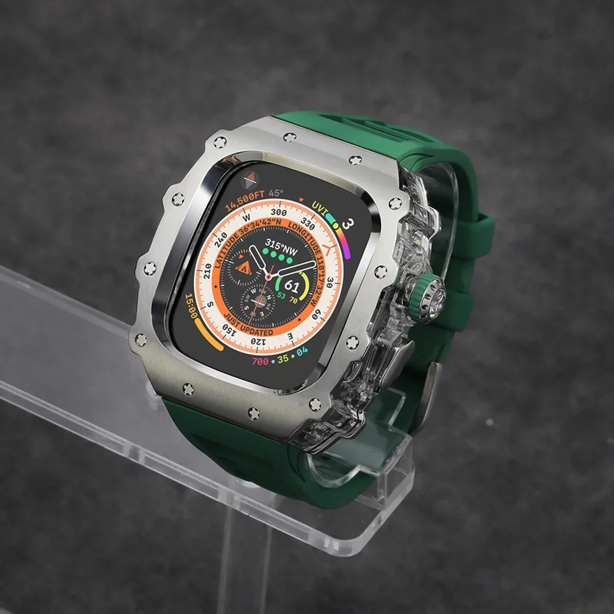 Luxury Modification Kit For Apple Watch Ultra 2 49mm 45mm 44mm Stainless Steel Case For IWatch 9 8 7 6 Crystal Button Sport Band Qme Green-Tr 45mm-Series 9 8 7
