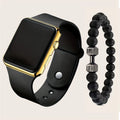 Men's Black Electronic Watch & 1pc Beaded Bracelet Qme Gold