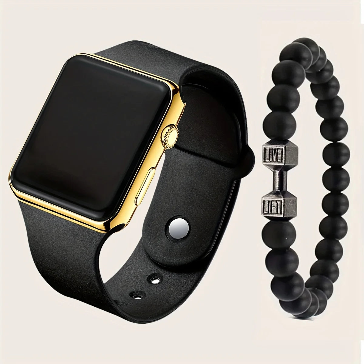 Men's Black Electronic Watch & 1pc Beaded Bracelet Qme Gold