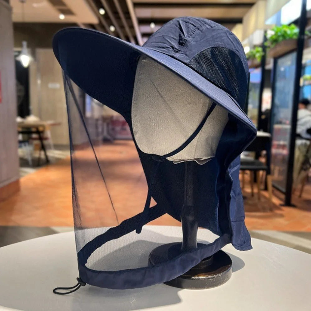 Lightweight Foldable Bee Mosquito Hat UPF50+ Wide Brim Net Cover Qme Blue
