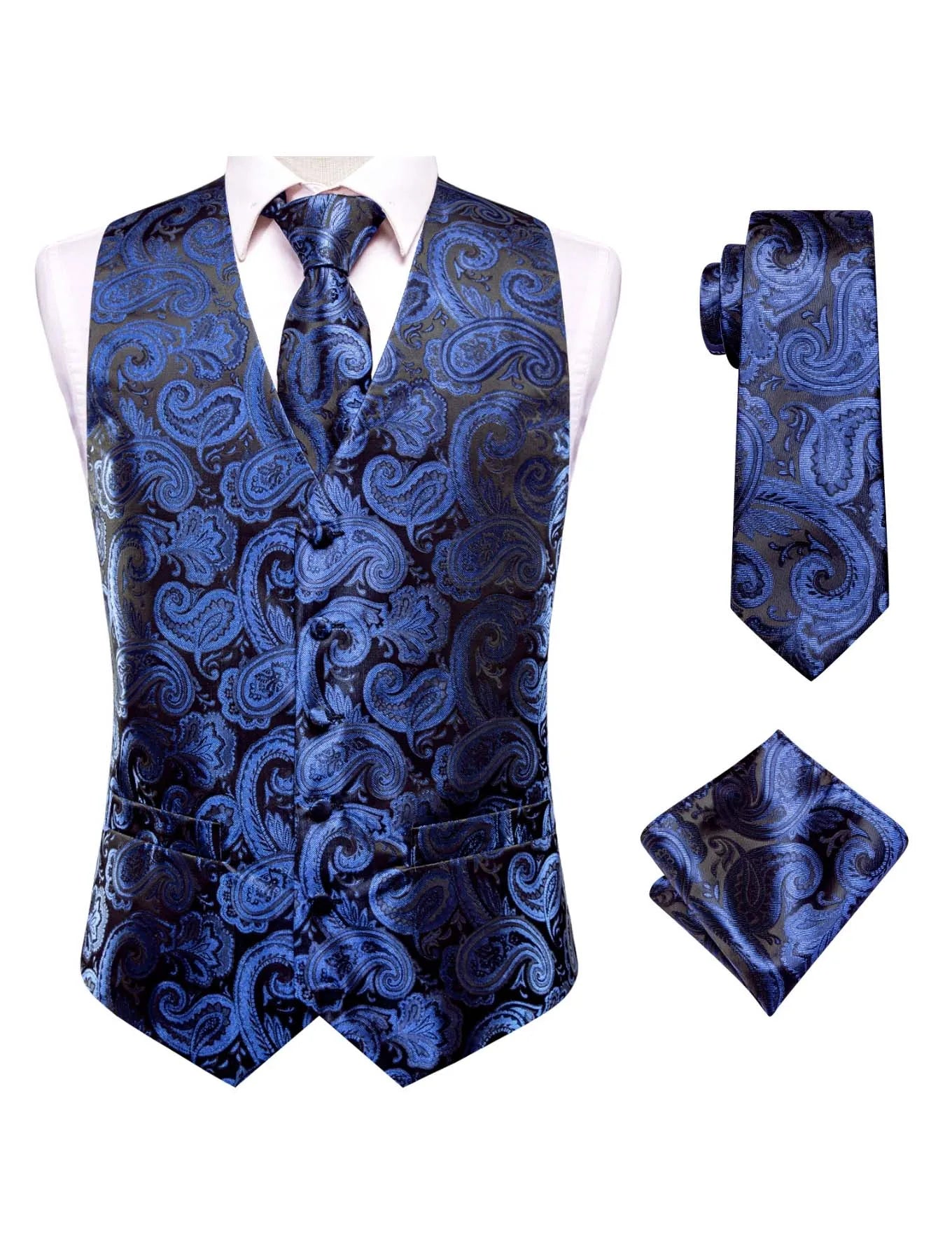 Blue Men Vest Three-Piece Suit Set, Dress Waistcoat with Tie and Pocket Square for Party Ceremony Qme MJ-3053 XL
