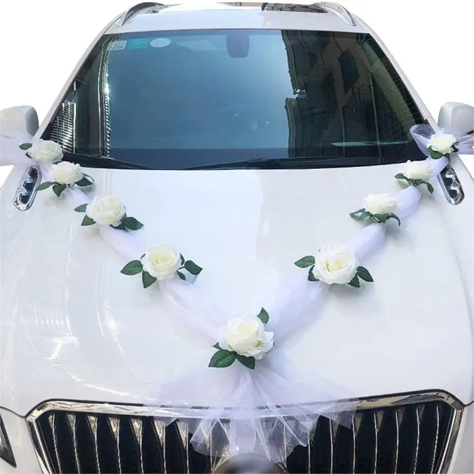 White Rose Artificial Flower for Wedding Car Decoration Bridal Car Decorations Door Handle Ribbons Silk Flower Qme WHITE