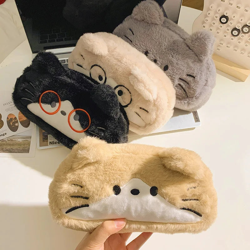 Cute Cartoon Embroidered Plush Cat Printed Pencil Case Student Qme