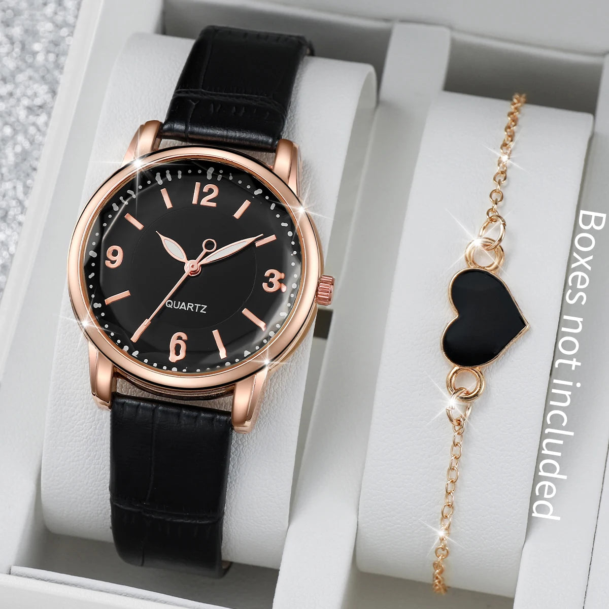 Mulheres Casual Relógio de Quartzo Mostrador Árabe, Pulseira de Couro, Conjunto de Pulseira Coração sem Caixa, 2 peças Qme