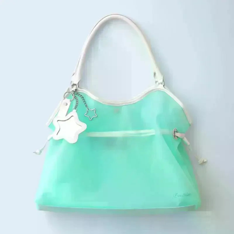 Candy Color Transparent Waterproof Pvc Handbag Fashion Large Capacity Jelly Bag Portable Shoulder Bag Trendy Storage Bags Qme